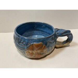 Stokes Pottery Mug Blue Glaze Embossed Sand Dollar Design 2000 Signed